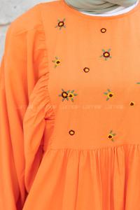 Modalamelif Nakış Detaylı Balon Elbise Oranj