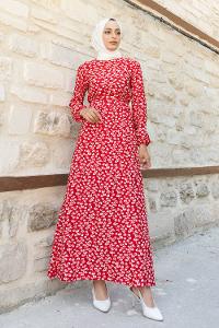 Modalamelif Orkide Desen Efil Elbise Kırmızı