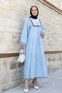 Baby Blue V Neck Cotton Unprinted Dresess
