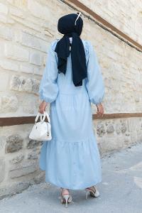 Baby Blue V Neck Cotton Unprinted Dresess