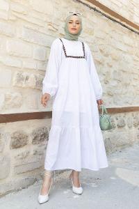 White-1 V Neck Cotton Unprinted Dresess