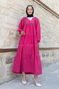 Fuchsia V Neck Cotton Unprinted Dresess