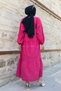 Fuchsia V Neck Cotton Unprinted Dresess
