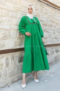 Dark Green V Neck Cotton Unprinted Dresess