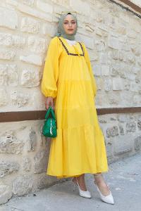 Yellow V Neck Cotton Unprinted Dresess