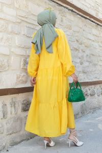 Yellow V Neck Cotton Unprinted Dresess