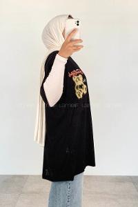 Black Crew Neck Short Arm Cotton Printed T-shirt