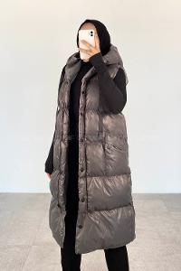 Modalamelif Kapüşonlu Çift Cepli Fermuarlı Şişme Mont Yelek Gri