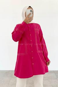 Fuchsia Shirt Collar Long Arm Cotton Unprinted Shirt
