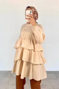 Beige Mandarin Collar Cotton Unprinted Tunic