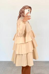 Beige Mandarin Collar Cotton Unprinted Tunic