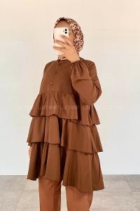 Brown Mandarin Collar Cotton Unprinted Tunic
