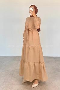 Brown With Milk Crew Neck Cotton Unprinted Dresess