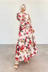 Red Crew Neck Viscose Fabric Printed Dresess