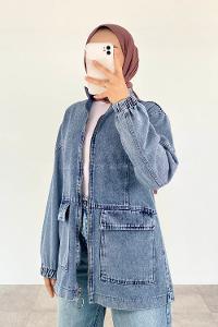 Ice Blue Mandarin Collar Long Arm Denim Denim Jacket