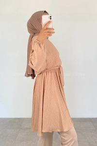 Beige Crew Neck Cotton Fabric Unprinted Tunic