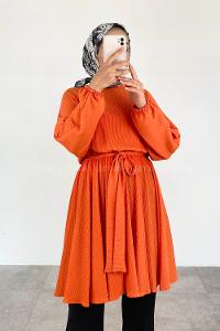 Orange Crew Neck Cotton Fabric Unprinted Tunic