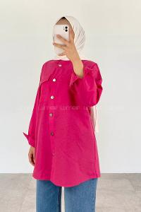 Fuchsia Shirt Collar Bat Sleeve Arm Cotton Unprinted Shirt