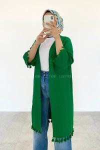 Green Bat Sleeve Arm Without Accessories Cotton Fabric Striped Kimono