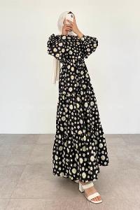 Black Crew Neck Cotton Printed Dresess