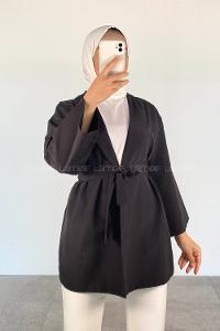 Black Long Arm Belted Cotton Straight Kimono