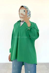 Green V Neck Bat Sleeve Arm Cotton Unprinted Shirt