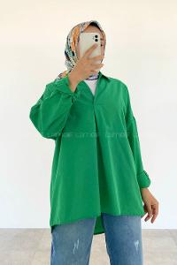 Green V Neck Bat Sleeve Arm Cotton Unprinted Shirt