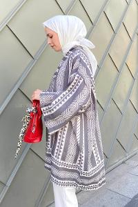 Gray Long Arm Without Accessories Cotton Striped Kimono