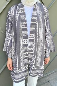 Gray Long Arm Without Accessories Cotton Striped Kimono