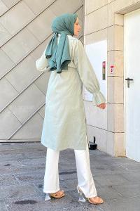Mint Green Long Arm Belted Cotton Trench Coat