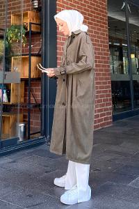Khaki Long Arm Belted Gabardin Trench Coat