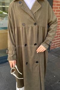 Khaki Long Arm Belted Gabardin Trench Coat