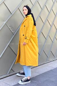 Ocher Long Arm Belted Gabardin Trench Coat
