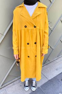Ocher Long Arm Belted Gabardin Trench Coat