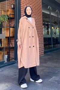 Brown With Milk Long Arm Belted Gabardin Trench Coat