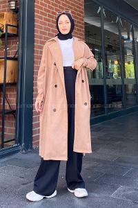 Brown With Milk Long Arm Belted Gabardin Trench Coat