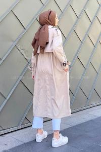 Stone Long Arm Belted Gabardin Trench Coat