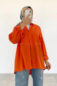 Orange V Neck Bat Sleeve Arm Cotton Unprinted Shirt