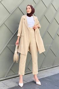 Beige V Neck Long Arm Buttoned Viscose Fabric Regular Trousers Material Suit