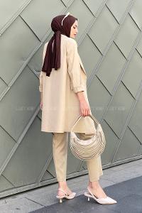 Beige V Neck Long Arm Buttoned Viscose Fabric Regular Trousers Material Suit