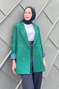 Emerald Green V Neck Long Arm Viscose Fabric Jacket