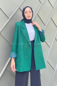 Emerald Green V Neck Long Arm Viscose Fabric Jacket