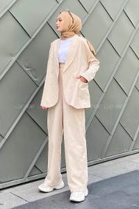 Beige Scoop Neck Long Arm Buttoned Linen Regular Trousers Linen Suit