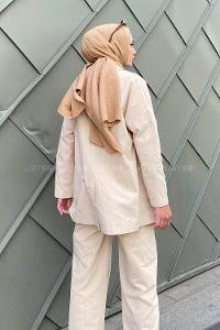 Beige Scoop Neck Long Arm Buttoned Linen Regular Trousers Linen Suit