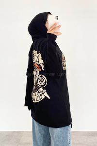 Black Crew Neck Short Arm Cotton Printed T-shirt