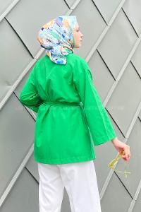 Modalamelif Şal Yaka Düz Renk Beli Kuşaklı Kimono Yeşil