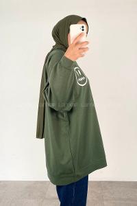 Khaki Mock Turtle Neck Balloon Sleeve Arm Printed Sweatshirt