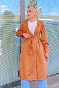 Modalamelif Beli Kuşak Bağlamalı Düğme Detaylı Trenç Taba