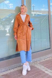 Modalamelif Beli Kuşak Bağlamalı Düğme Detaylı Trenç Taba