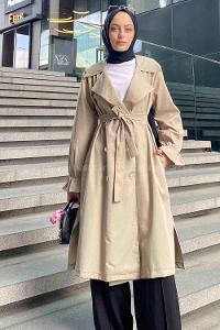 Stone Long Arm Belted Buttoned Viscose Fabric Trench Coat